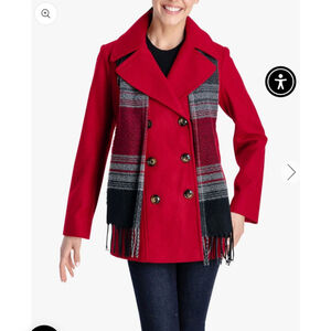 Women'sDouble breasted London Fog Red Pea Coat Size S with Scarf